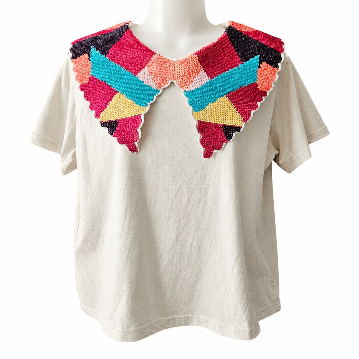Queen Of Sparkles Sequin Collar T-Shirt Women S Cream Multi Color Block Top Boho